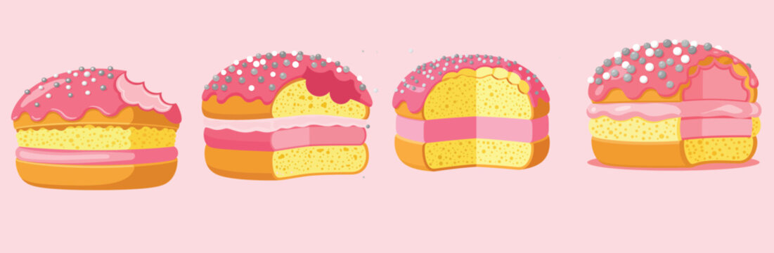 Set of bitten pink sandwich cakes with sprinkles and cream filling. Vector illustration of sweet dessert cookies in different eating stages. Bakery, pastry, and snack concept.