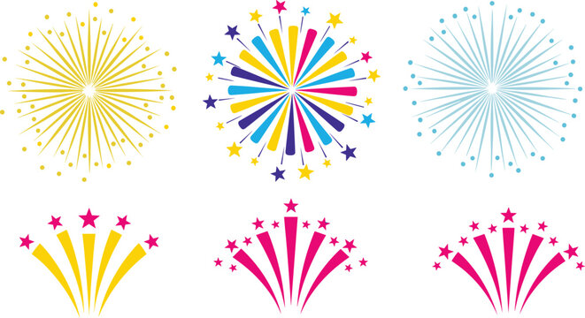 Colorful festive fireworks burst vector set, flat illustration for celebration, holiday, New Year, party, decoration, cad drawing flat vector illustration