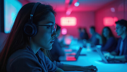 Young woman in headphones and glasses works at a desk in a modern office with neon lights. People collaborate, use laptops, and focus on tasks in a vibrant, futuristic environment after dark.