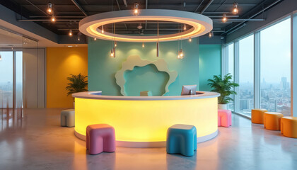 Modern office lobby features a glowing reception desk, colorful stools, and plants. Large windows offer city views, creating a vibrant, inviting workspace for staff and visitors.