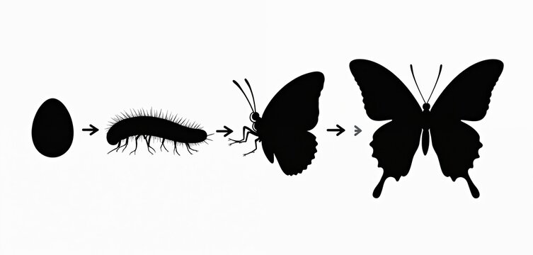 Butterfly metamorphosis stages shown as silhouettes. From egg to larva to pupa to adult insect. Illustrates nature process, change, growth and evolution. Simple clean graphic.