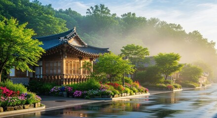 Naklejka premium Traditional Korean houses line a misty waterway with vibrant flowers.