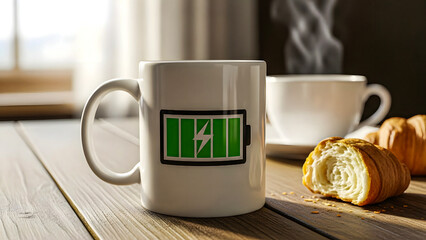 A white coffee mug with a battery symbol on a wooden table with pastry and steaming cup