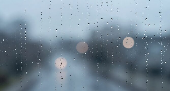 窓を伝う雨粒と淡い街灯が織りなす幻想的な雨夜の風景背景