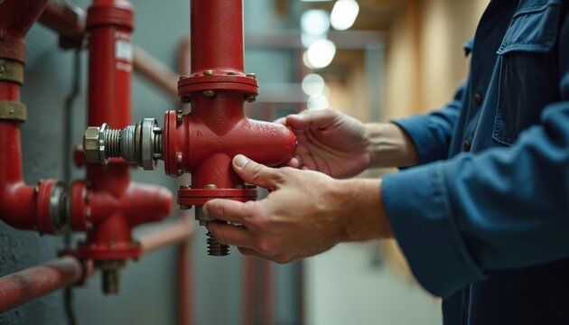 Fire protection system installer connects red pipes. Worker ensures safety standards are met. Precision installation of fire sprinklers in commercial building.