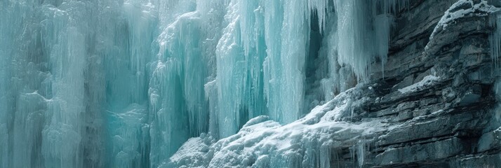 Frozen waterfall icicles hanging from rocky cliff face in winter image