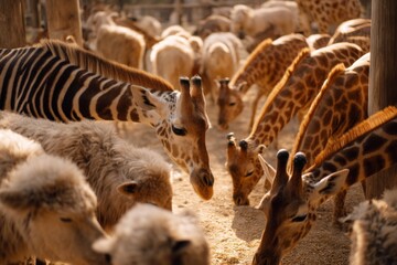 Many giraffes and zebras are feeding on the dusty ground alongside other mammals, creating a crowded scene in the warm outdoor light.
