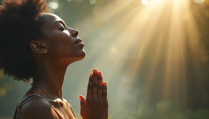 African American woman prays with eyes closed and hands clasped. Sunlight streams through trees, creating a spiritual atmosphere of peace and devotion, representing faith and hope.