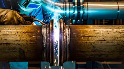 Industrial worker welding metal pipes in a factory setting from a close-up viewpoint