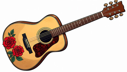 Fototapeta premium Acoustic guitar with red roses decorates body. This classic instrument has wooden finish and six strings. Vintage music item on clean white background with copy space.