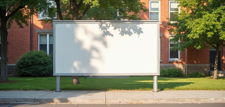 Blank sign on school campus for event posters. Empty bulletin board space outside building for announcements. Copy space on display board for messages.