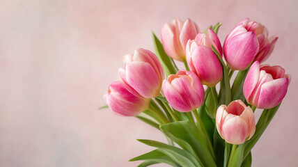 Fototapeta premium A pink tulip bouquet on a pastel background spring flowers for mother's day or a woman's gift a concept of love and romance. Ai generated