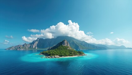 Small rich island with white sand beach lies in bright blue ocean. Jagged mountains rise behind verdant isle under clear sky with fluffy clouds.