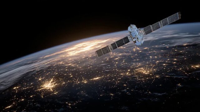 16Satellite orbiting Earth at sunrise, metallic body reflecting warm golden tones, planet&rsquo;s curvature visible with luminous cloud layers, emphasizing technological link across contin