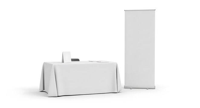 Blank white table with tablecloth and a rollup banner stand mockup, ready for branding or product display, isolated on white background