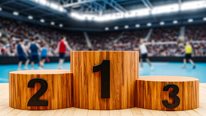 Three wooden podiums with numbers one, two, and three in a sports arena with spectators in the background