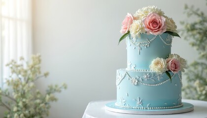 Two tier blue wedding cake decorated with white icing pearls and flowers. Pastel pink and white roses adorn top layer. Simple elegant design for wedding party.