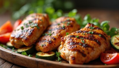 Three juicy grilled chicken thighs are served on a wooden plate with fresh sliced zucchini and bright red tomatoes. Garnished with green herbs, this dish looks delicious and healthy for any meal.