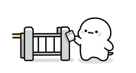 駅の改札で切符をかざす可愛いキャラクターのイラスト