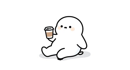 Fototapeta premium コーヒーカップを持ってリラックスする白いキャラクター