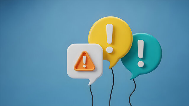 Three dimensional graphic design concept featuring brightly colored notification speech bubbles with exclamation marks symbolizing important alerts and warnings communication - Powered by Adobe