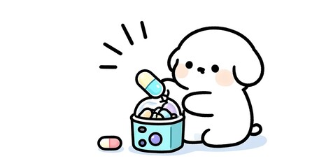 カプセルトイから大きな景品が出てきて喜ぶ犬のキャラクター