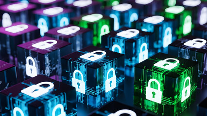 Abstract visualization of many glowing digital padlock icons illuminated across numerous futuristic glowing data cubes representing complex cybersecurity network encryption technology concepts.