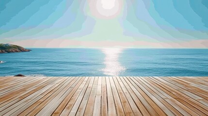 Obraz premium A wooden deck overlooking a tranquil ocean under a clear sky. 