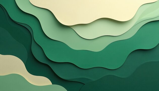 Layered paper forms abstract wavy shapes in shades of green and cream. Clean geometric cutouts create depth and soft shadows. Modern minimalist background design with organic flow.