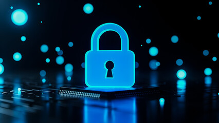 Glowing blue digital padlock symbol resting upon a dark microchip circuit board illustrates cybersecurity concept with abstract bokeh lights floating above.