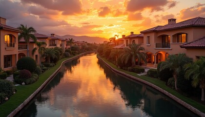 Waterfront houses on canal at sunset. Orange sky reflects on calm water surface. Palm trees, green lawns line canal banks. Luxurious residential buildings glow with warm light. Scenic evening view of
