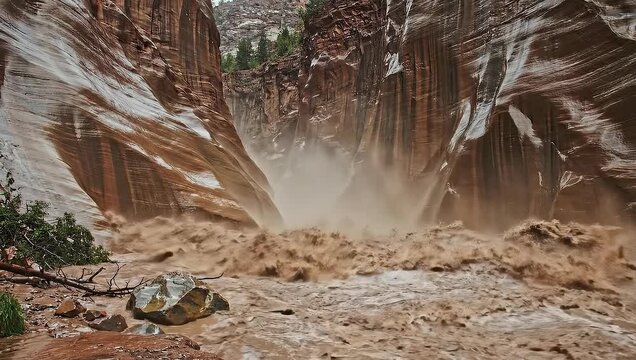 Massive Mudflow Erupting in Canyon During Flash Flood with Dramatic Eroding Cliffs