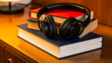 Headphones resting on a stack of books on a wooden desk