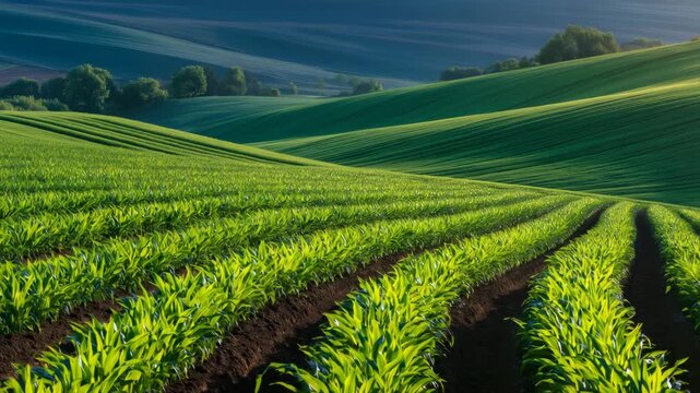 35Natural landscape of early summer grain crops in the Lower Rhine area, uniform planting patterns and healthy green color, soft sunlight, Earth Day concept emphasizing renewable lan