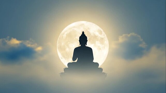 Tranquil Contemplation: Silhouette of a Buddha statue in meditation pose, set against a majestic full moon with soft cloud accents, evoking serenity and spiritual depth.