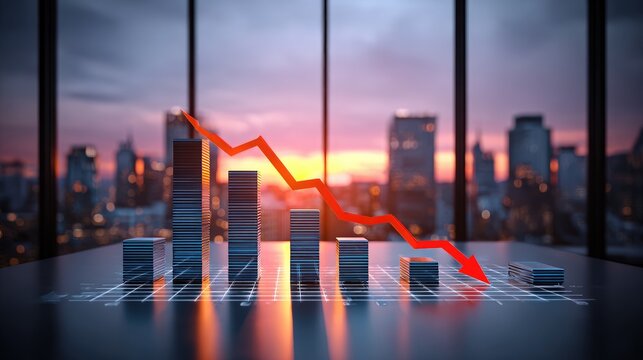 Declining Graph Showing Market Crash With City Sunset View - Powered by Adobe