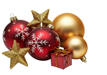 ultra-detailed macro shot of polished deep red and matte gold christmas baubles, glitter stars, and crimson gift box isolated on white with copy space. high-end holiday luxury concept