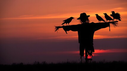 Moody Sunset with Scarecrow Silhouette and Crows on Its Arms Illustration