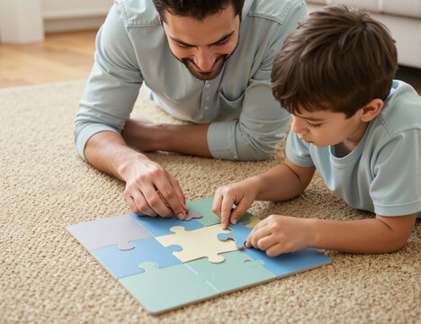 A father and his son enjoy quality time while playing with a puzzle on the floor, showcasing the joy of fatherhood and the bond between dad and child through engaging activities together