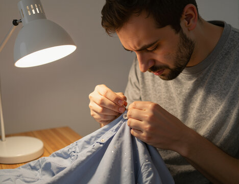 A father is diligently sewing a button on a shirt at home, demonstrating care and attention. The scene captures the essence of nurturing responsibility in parenthood through everyday tasks