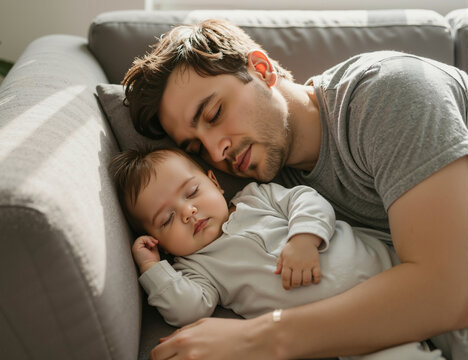 A loving father and his adorable baby boy are peacefully sleeping together on a cozy gray sofa during the day, capturing a heartwarming moment of fatherhood and bonding
