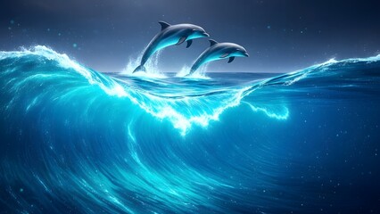 Two playful dolphins leaping high above a cresting ocean wave illuminated by sparkling blue light against a dark night sky
