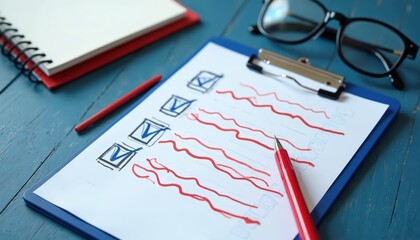 Clipboard with checklist survey and red pen. Notebook and glasses on blue wooden table. Paper document with checked boxes and wavy lines for notes. Planning task completion.