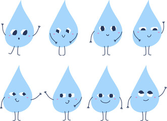 Fototapeta premium Set of cute cartoon characters in the shape of water drops with different emotions, facial expressions and poses. Vector illustration of liquid mascots.