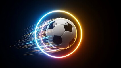 Fototapeta premium Soccer ball with neon light trails and rings, dark background