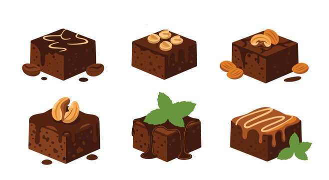Selection of gourmet chocolate brownies topped with different garnishes like nuts, caramel, mint, and sea salt on white background.