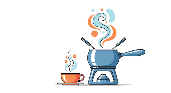 Blue fondue pot on a stand with a steaming cup of coffee and colorful abstract smoke swirls in a cozy food scene.