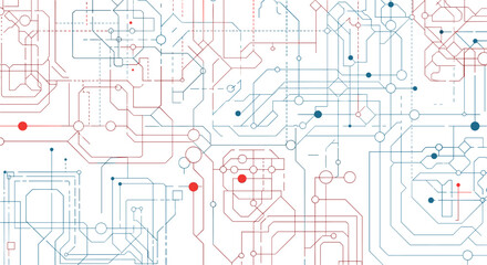 Fototapeta premium Complex abstract pattern of thin lines and small dots in red and blue tones resembling a digital circuit board.