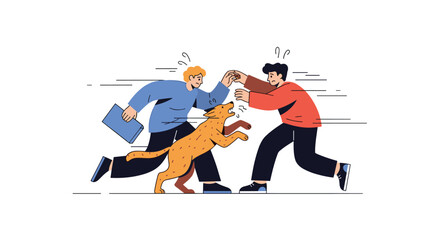 Action scene of a man running with a folder being chased by a barking dog towards another person on the street.