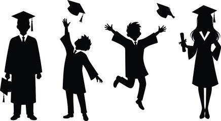 Graduation celebration silhouette, students in caps and gowns, throwing hats, jumping with diplomas, vector illustration for education, success, and achievement themes